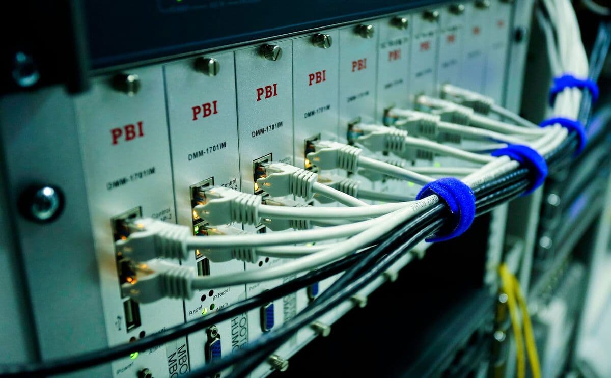 ethernet cables plugged into a network switch panel in a data center